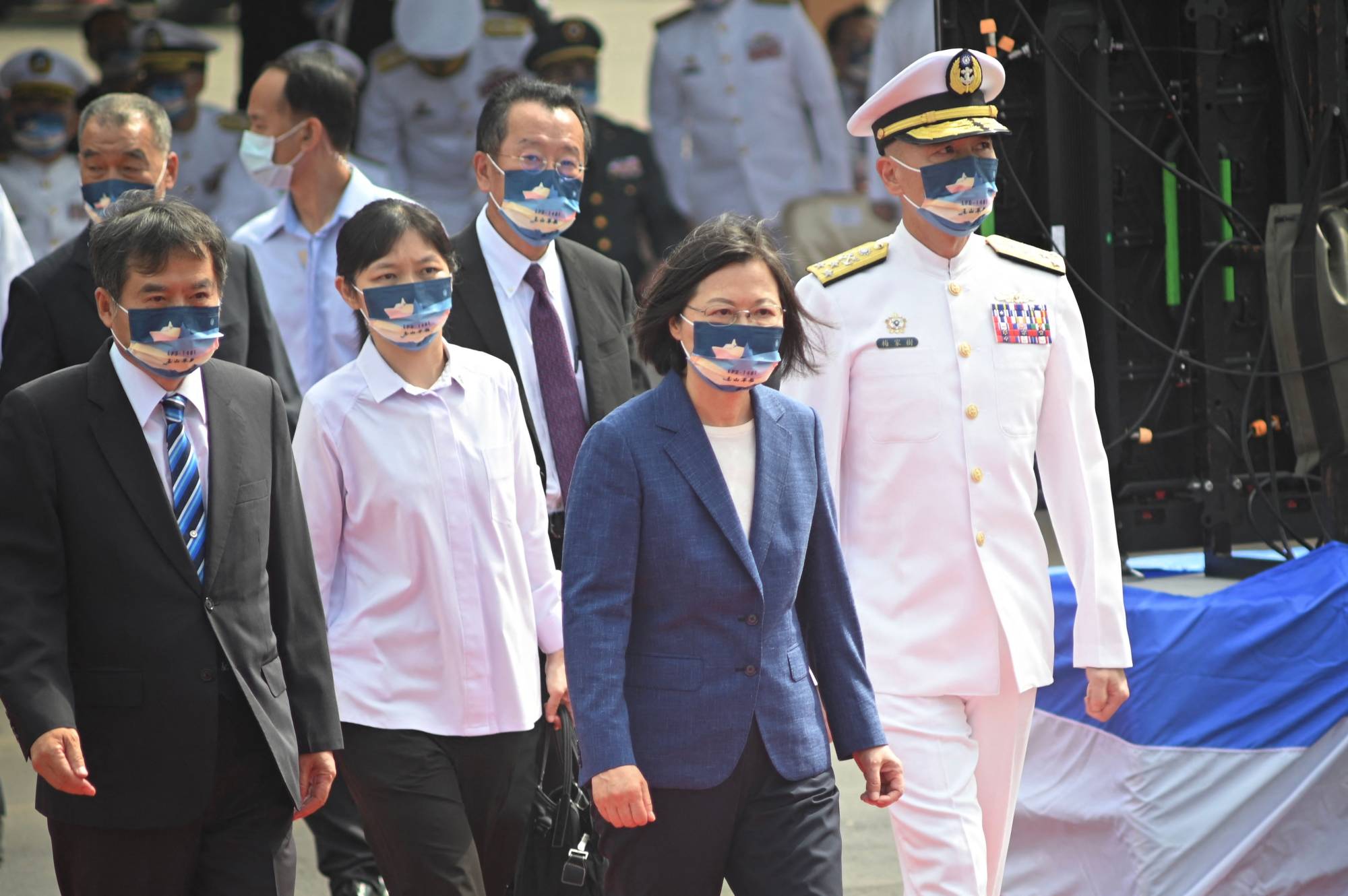 Taiwanese President Tsai Ing-wen arrives for a handover ceremony for a Yushan-class landing platform dock in Kaohsiung, Taiwan, on Sept. 30. | AFP-JIJI