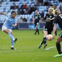 Manchester City\'s Yui Hasegawa scores against Leicester City during her debut match with the club in Manchester, England, on Sunday. | REUTERS