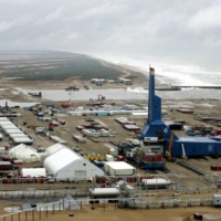 An aerial view shows the Yastreb (Hawk) land rig at Sakhalin-1\'s Chaivo field, some 1,000 kilometers north of Yuzhno Sakhalinsk, in 2006. | REUTERS