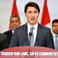 Canadian Prime Minister Justin Trudeau speaks at a news conference addressing a new handgun sales freeze, in Surrey, British Columbia, on Friday. | REUTERS