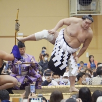 Terunofuji performs during an event in Ome, western Tokyo.  | KYODO 