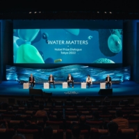 Nobel laureates Dan Shechtman, Konstantin Novoselov and Kurt Wuthrich participate in a panel discussion during the Nobel Prize Dialogue in Yokohama on Sunday. | CLEMENT MORIN / VIA NOBEL PRIZE OUTREACH
