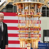Biden looks at quantum computer as he tours the IBM facility in Poughkeepsie on Oct. 6. | AFP-JIJI