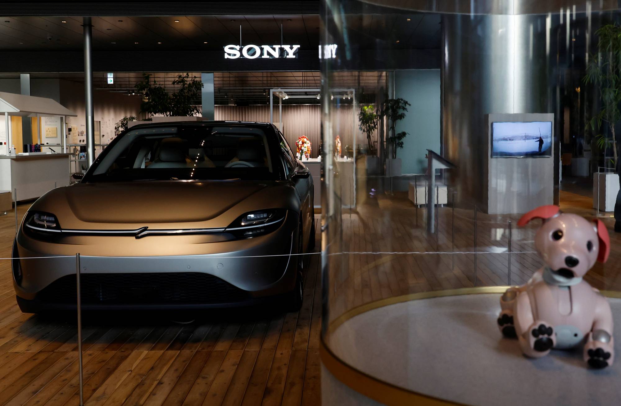 Sony's Vision-S Prototype vehicle at its headquarters in Tokyo in March. The evolution of cars is expected to further blur the boundary between the auto sector and other fields. | REUTERS