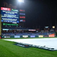 The scoreboard at Citizens Bank Park announces the postponement of Game 3 of the World Series in Philadelphia on Monday. | USA TODAY / VIA REUTERS