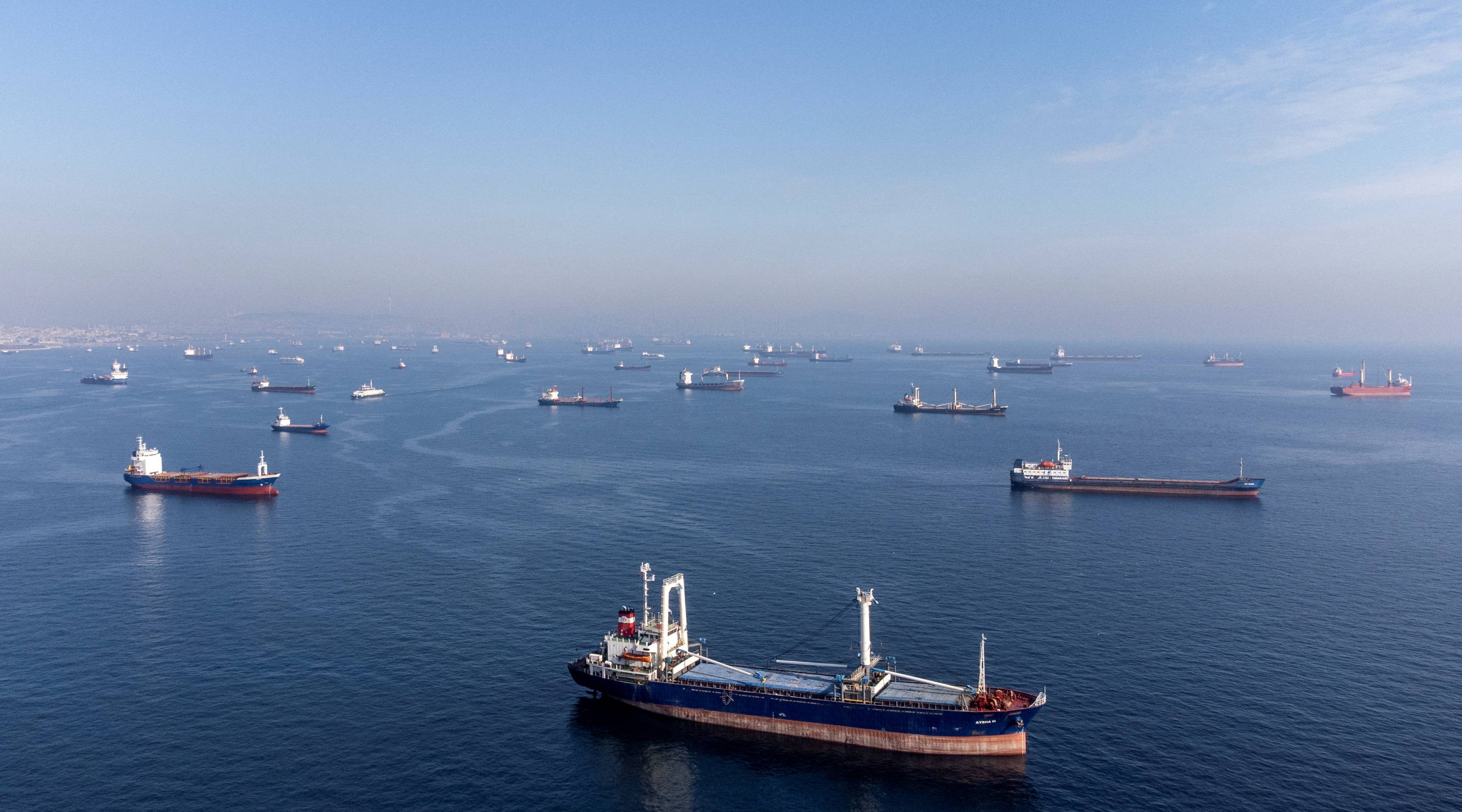 Commercial vessels including those which are part of the Black Sea grain deal wait to pass the Bosphorus strait off the shores of Yenikapi, Istanbul, on Monday. | REUTERS