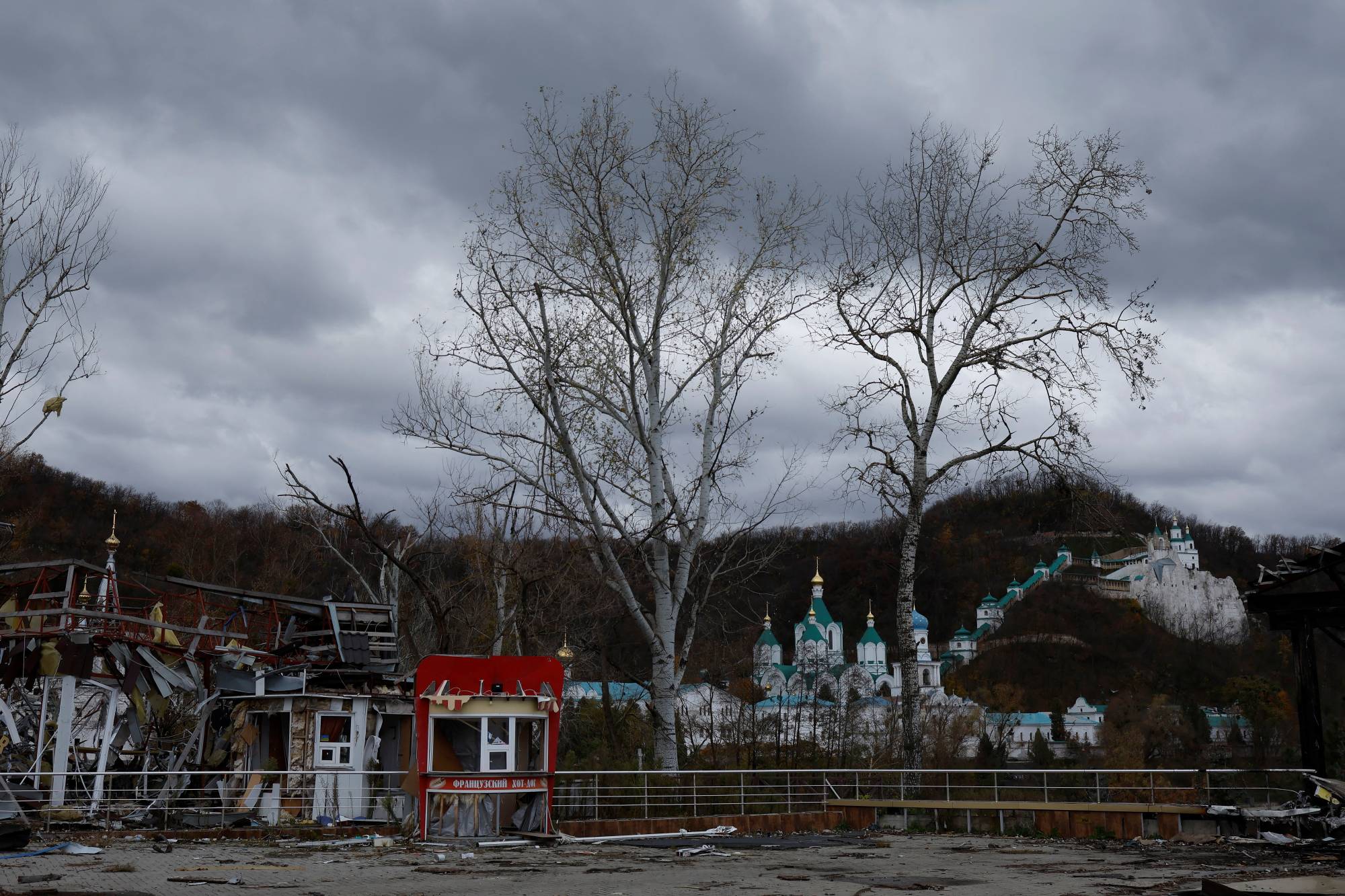 A destroyed observatory to an Orthodox Christian monastery beside the Siverskyi Donets river in the eastern Donbas region of Sviatohirsk, Ukraine, on Monday | REUTERS