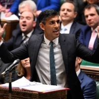 British Prime Minister Rishi Sunak speaks during his first Prime Minister\'s Questions session in the House of Commons in London on Oct. 26. | U.K. PARLIAMENT VIA AFP-JIJI