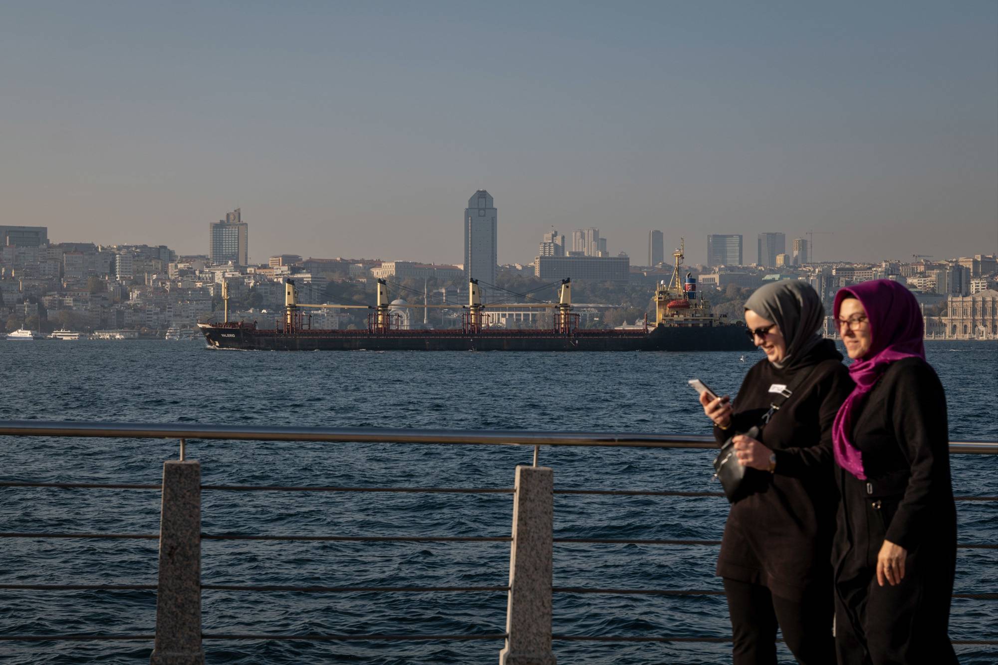 The Valerio dry bulk cargo vessel, carrying Ukrainian wheat bound for Spain, on the Bosporus in Istanbul, on Wednesday. Wheat prices plunged after Russia agreed to resume the deal allowing safe passage of Ukrainian crop exports. | Bloomberg