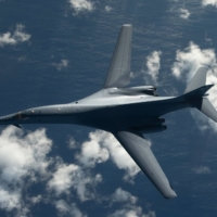 A U.S. Air Force B-1B bomber takes part in a 10-hour mission from Andersen Air Force Base in Guam, into Japanese airspace and over the Korean Peninsula, in July 2017. | U.S. AIR FORCE / VIA AFP-JIJI