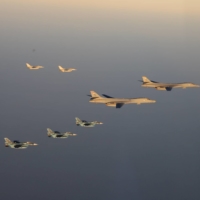 Air Self-Defense Force F-2 fighters hold a joint military drill with U.S. B-1B bombers and F-16 fighters off Kyushu on Saturday. | JOINT STAFF OFFICE OF THE DEFENSE MINISTRY OF JAPAN / VIA REUTERS