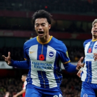 Brighton\'s Kaoru Mitoma celebrates after scoring against Arsenal during their League Cup match in London on Wednesday. | REUTERS