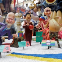 This float at a festival in Spain shows figures depicting U.S. President Joe Biden and his Russian and Chinese counterparts, Vladimir Putin and Xi Jinping, playing a game of bowling with Ukraine in March, shortly after the Russian invasion. | REUTERS