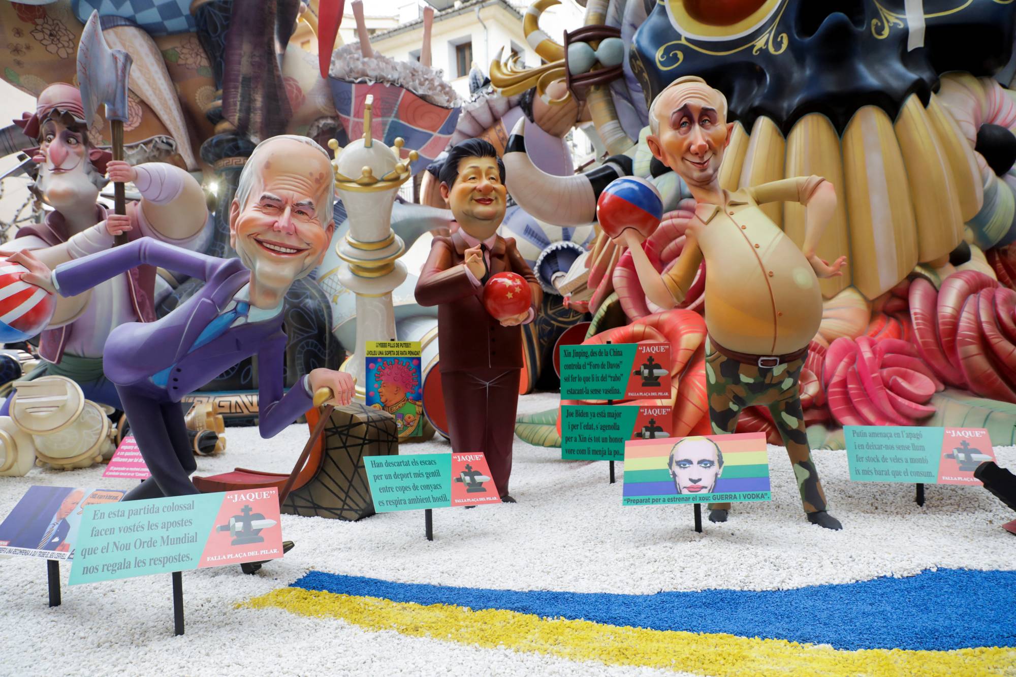 This float at a festival in Spain shows figures depicting U.S. President Joe Biden and his Russian and Chinese counterparts, Vladimir Putin and Xi Jinping, playing a game of bowling with Ukraine in March, shortly after the Russian invasion. | REUTERS