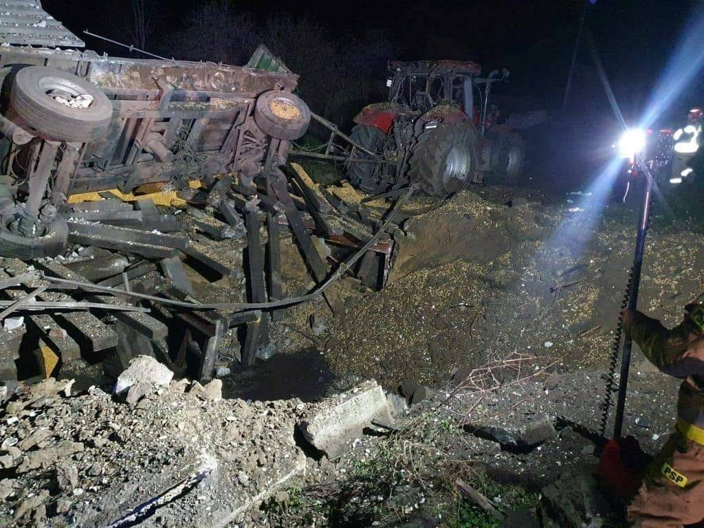 Damage after an explosion in Przewodow, a village in eastern Poland near the border with Ukraine, is seen in an image posted to social media on Tuesday. | REUTERS 