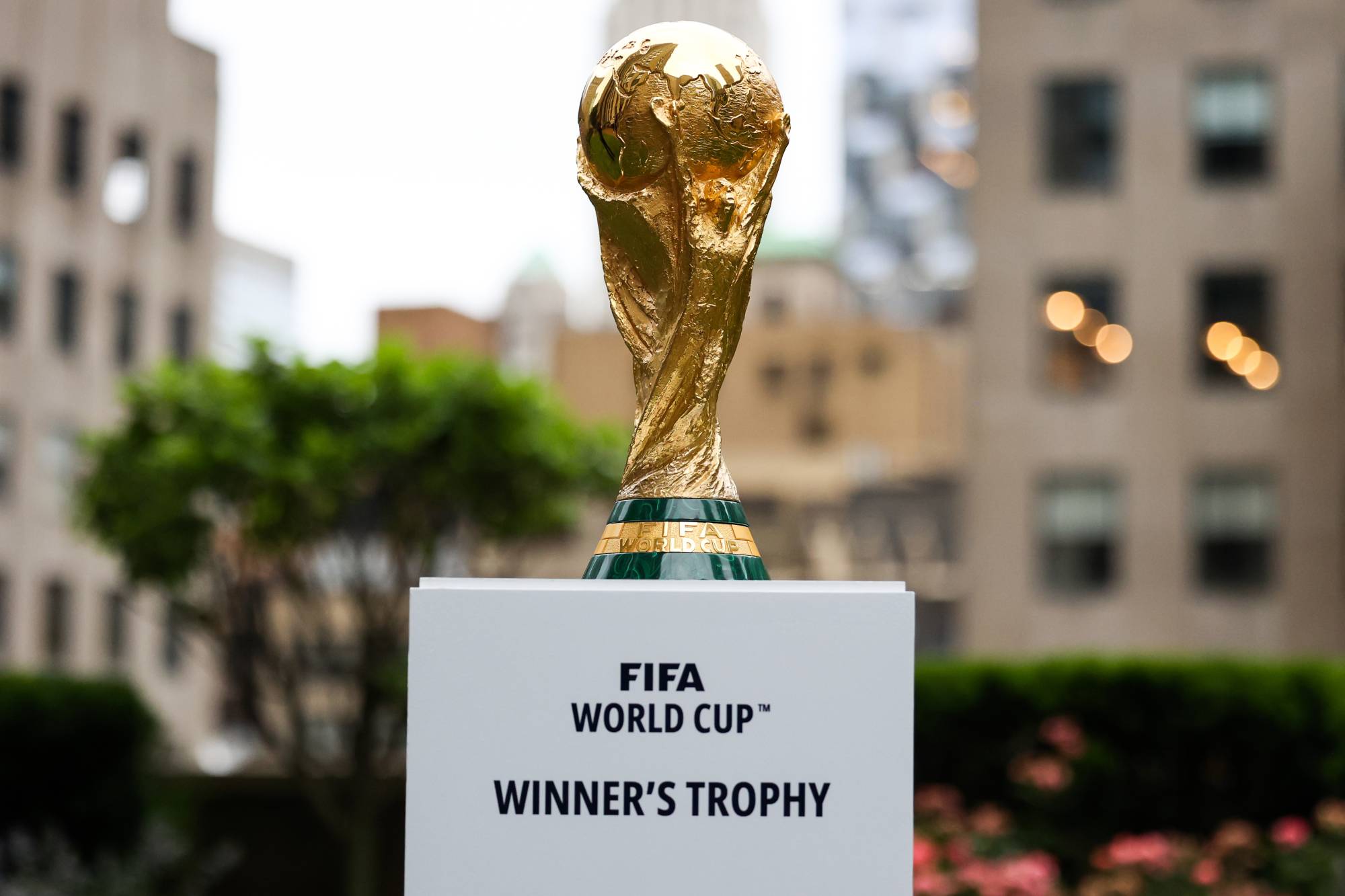The FIFA World Cup trophy sits on display in New York on June 16.  | USA TODAY / VIA REUTERS