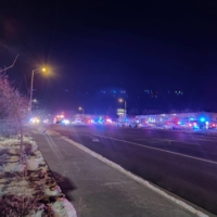 Police and emergency vehicles respond to a deadly shooting at a club in Colorado Springs, Colorado, on Sunday.
 | TWITTER@TREYRUFFY / VIA REUTERS  