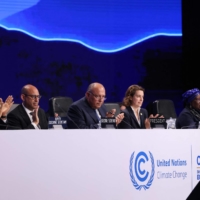 Egypt\'s Foreign Minister Sameh Shukri heads the closing session of the COP27 climate conference in Egypt\'s Red Sea resort city of Sharm el-Sheikh on Sunday. | AFP-JIJI