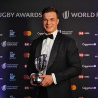 Ireland\'s Josh Van der Flier poses with his trophy after being named World Rugby Player of the Year in Monaco on Sunday.
 | AFP-JIJI
