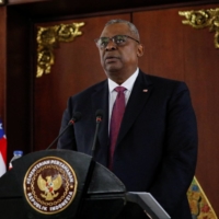 U.S. Defense Secretary Lloyd Austin (shown) speaks during a joint news conference with Indonesia\'s Defense Minister Prabowo Subianto after their meeting in Jakarta on Monday. | REUTERS