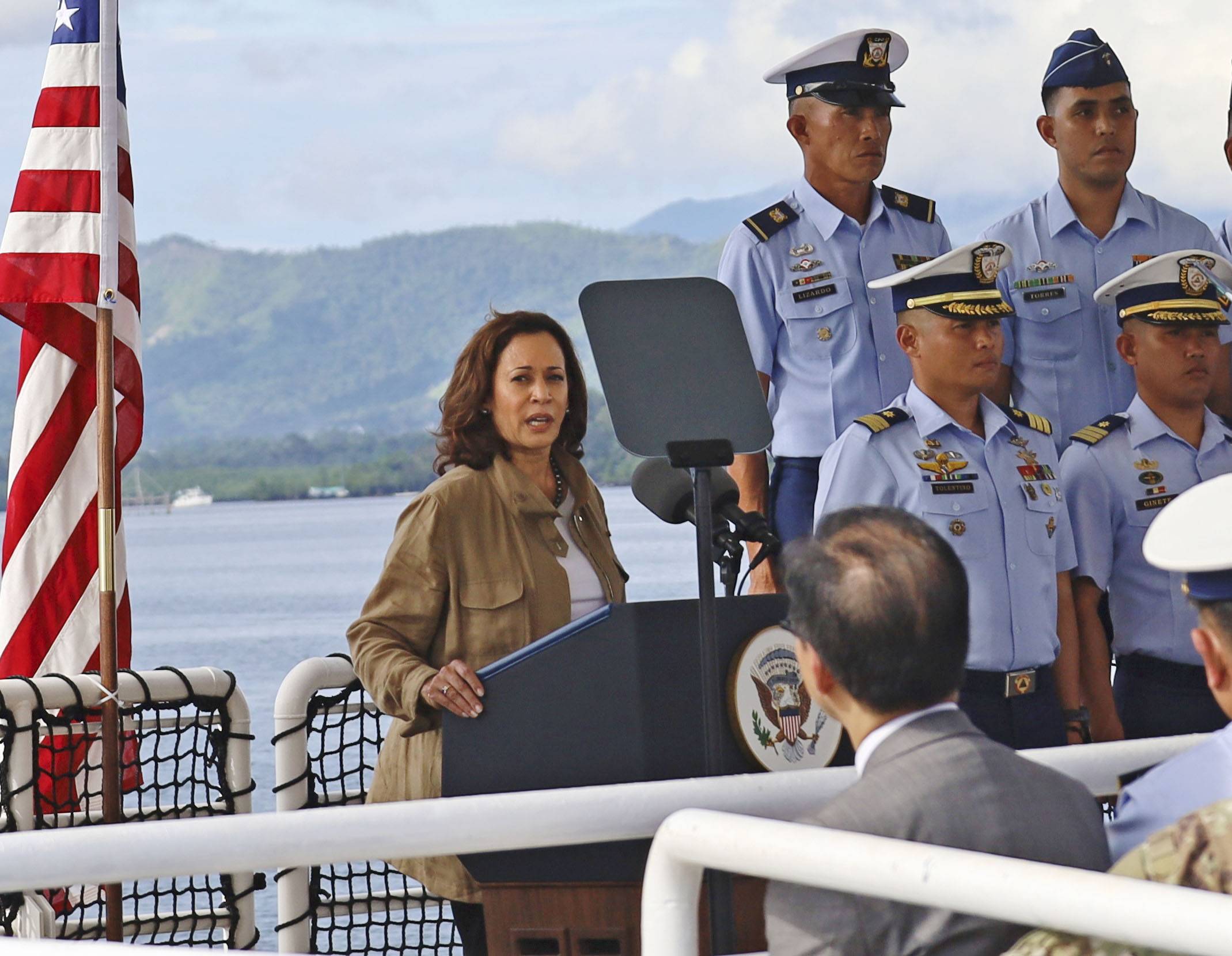 U.S. Vice President Kamala Harris speaks aboard a patrol vessel during a visit to Palawan Island in the Philippines on Tuesday.  | KYODO
