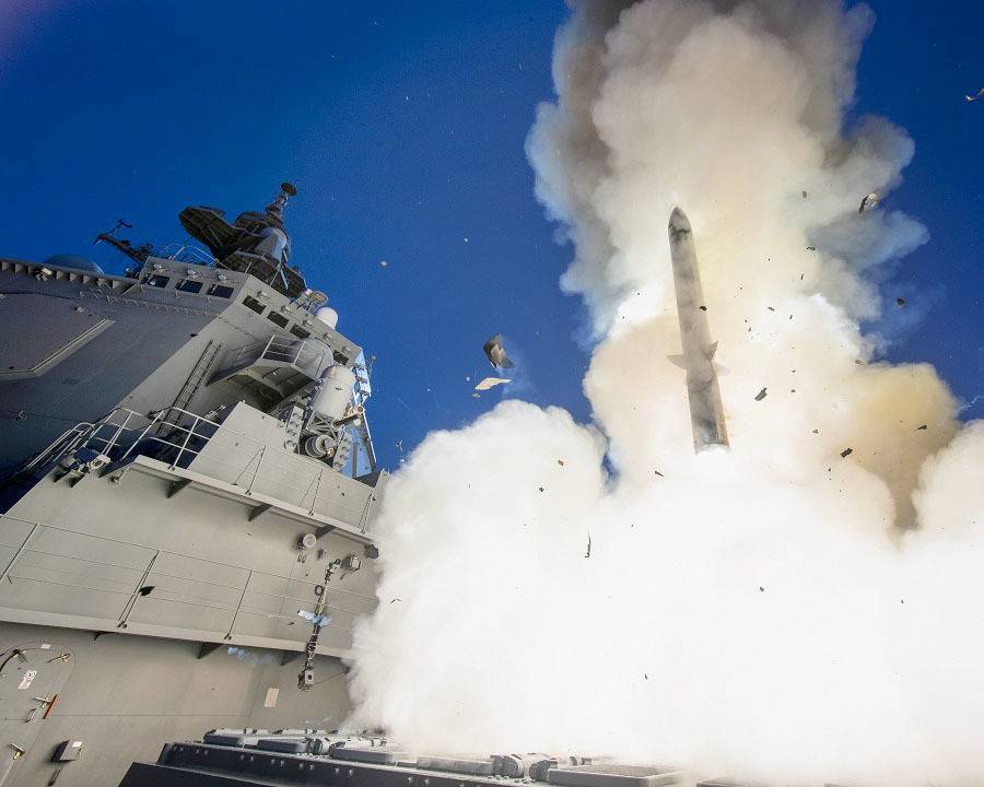 The Maritime Self-Defense Force's Aegis-equipped Maya destroyer launches a SM-3 Block IIA interceptor on Nov. 16 in the Pacific Ocean. | MSDF / VIA KYODO