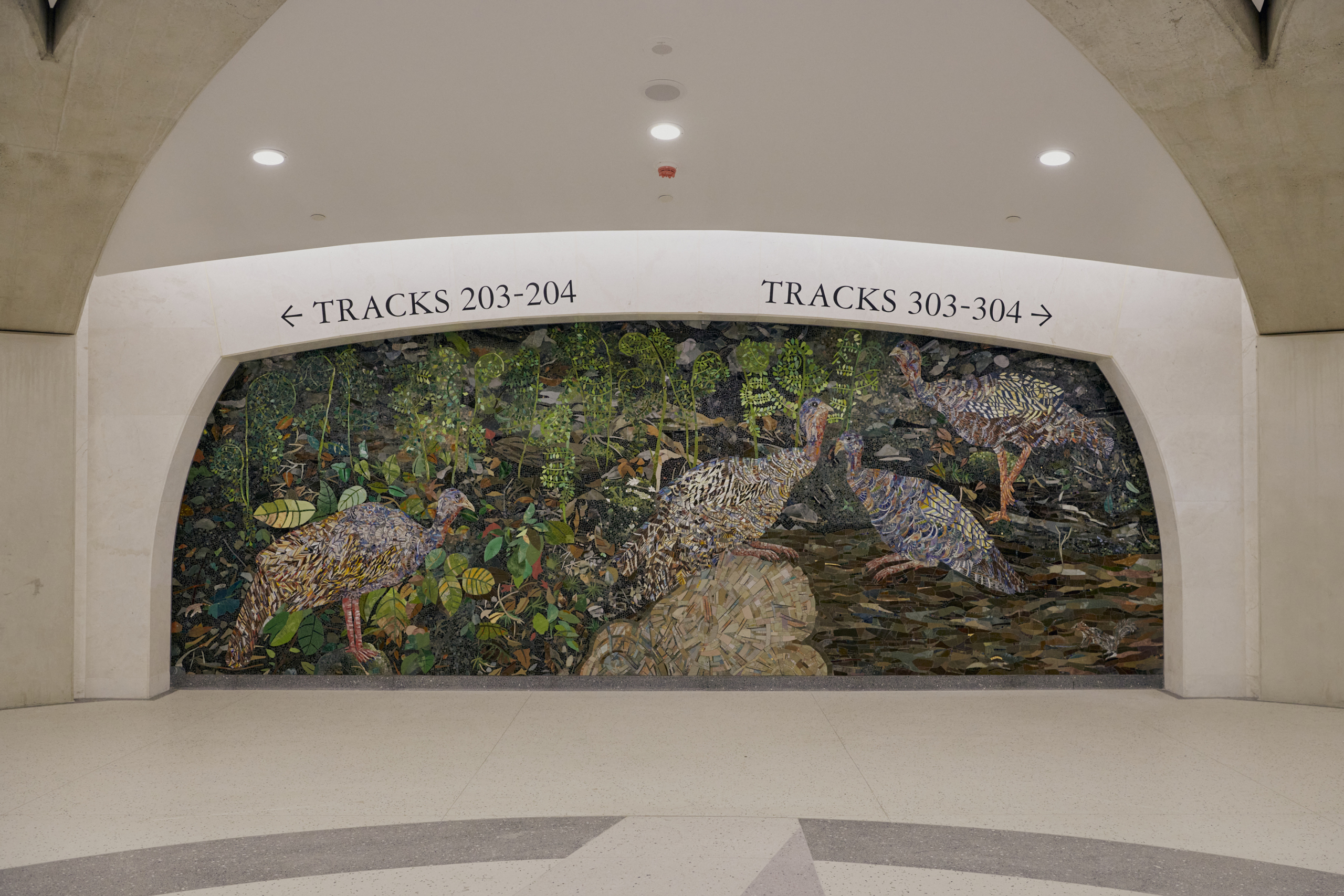 'The Spring,' a mosaic by the artist Kiki Smith in the new Grand Central Madison station, features wild turkeys. Creating this contribution to a major new chapter in the city’s infrastructure took Smith two years. The terminal is set to open in December. | Vincent Tullo / The New York Times