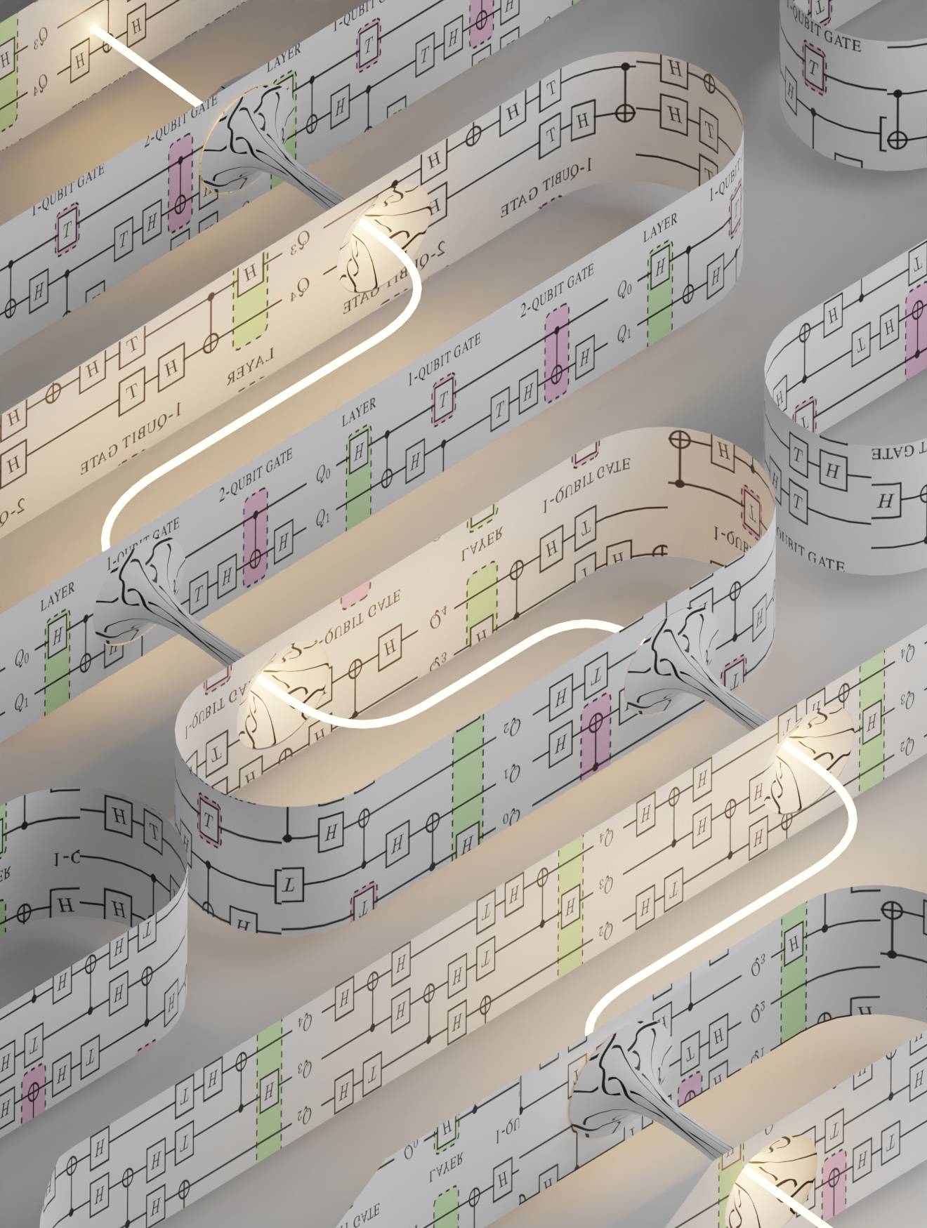 A circuit of operations called gates open shortcuts in an imaginary space between qubits representing two black holes and send messages between them. | INQNET / Andrew Mueller / via The New York Times
