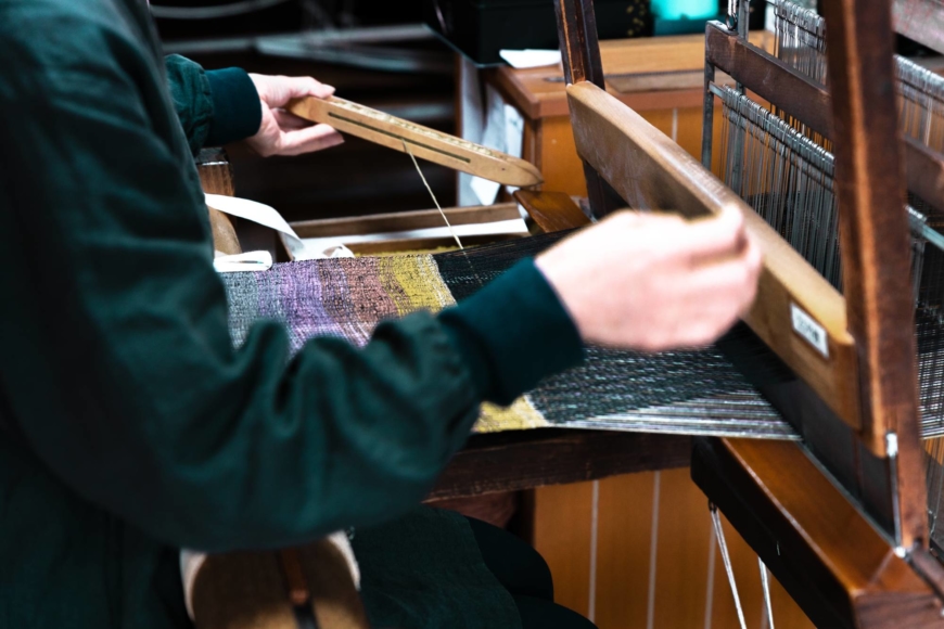 Many Yonezawa textile firms make frequent use of safflower dye, a symbol of the region known across Japan. | COURTESY OF NITTA TEXTILE ART INC.