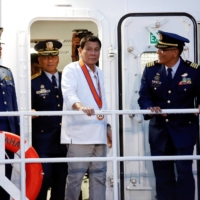Former Philippines President Rodrigo Duterte visits a newly inaugurated Japanese-built patrol ship during a ceremony in Manila in October 2016 marking the anniversary of his country\'s coast guard.     | REUTERS