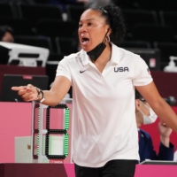 U.S. team head coach Dawn Michelle Staley on the sidelines of a game against Australia during the 2020 Tokyo Olympics at Saitama Super Arena on Aug. 4, 2021. | USA TODAY / VIA REUTERS