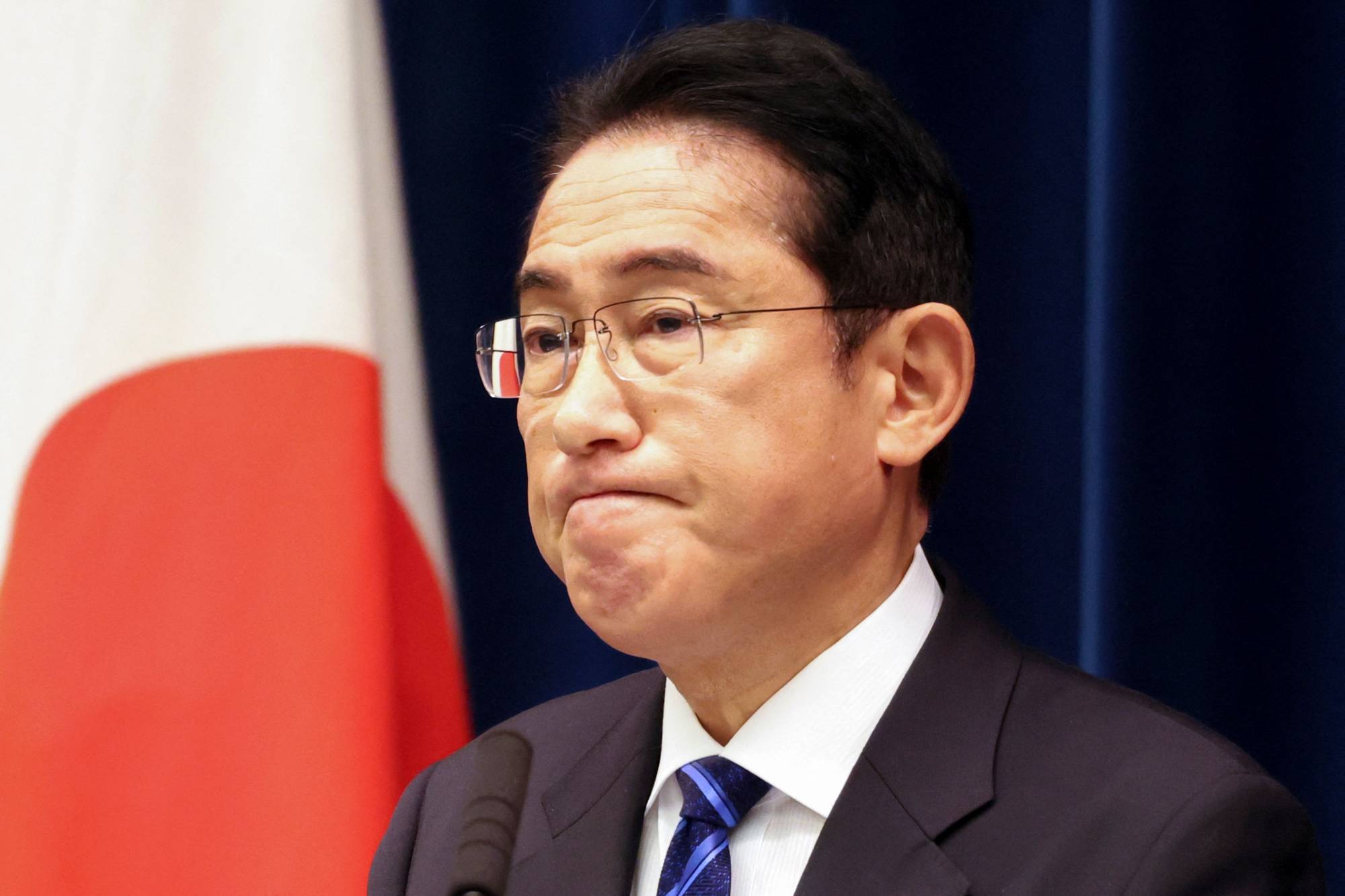 Prime Minister Fumio Kishida speaks during a news conference in Tokyo on Saturday. | POOL / VIA AFP-JIJI