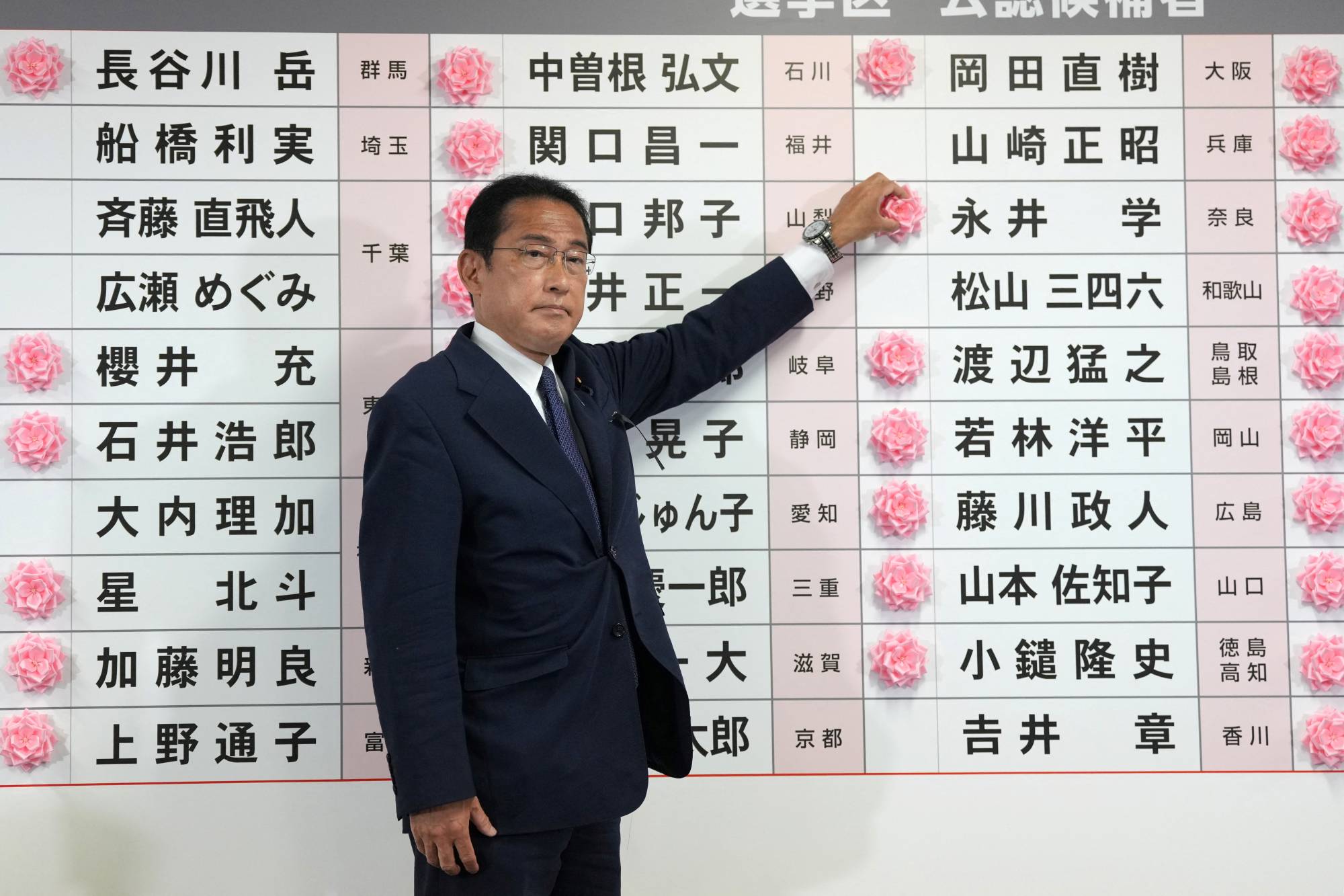 Prime Minister Fumio Kishida, also president of the Liberal Democratic Party, indicates a victory in the Upper House election by placing a pink paper rose next to an LDP candidate's name, at the party's headquarters in Tokyo on July 10. The ruling coalition secured a sweeping victory in the poll. | Pool / via REUTERS