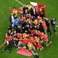 Morocco celebrates after beating Portugal in their 2022 FIFA World Cup quarterfinal in Doha on Dec. 10. | AFP-JIJI