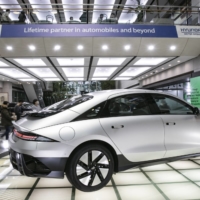 A Hyundai Ioniq 6 displayed in the lobby of the company\'s headquarters | BLOOMBERG 