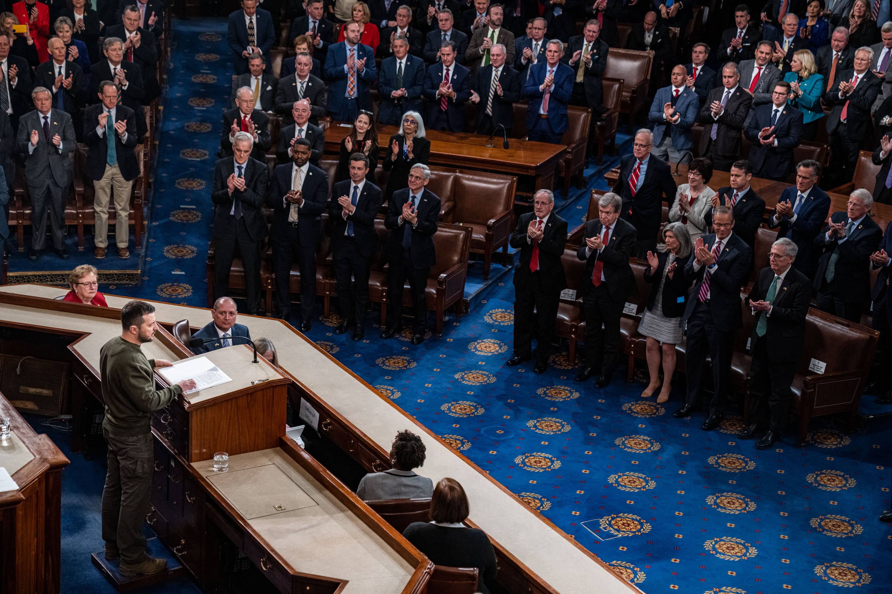Ukrainian President Volodymyr Zelenskyy addresses a Joint Session of Congress at the U.S. Capitol in Washington on Wednesday. | HAIYUN JIANG / THE NEW YORK TIMES