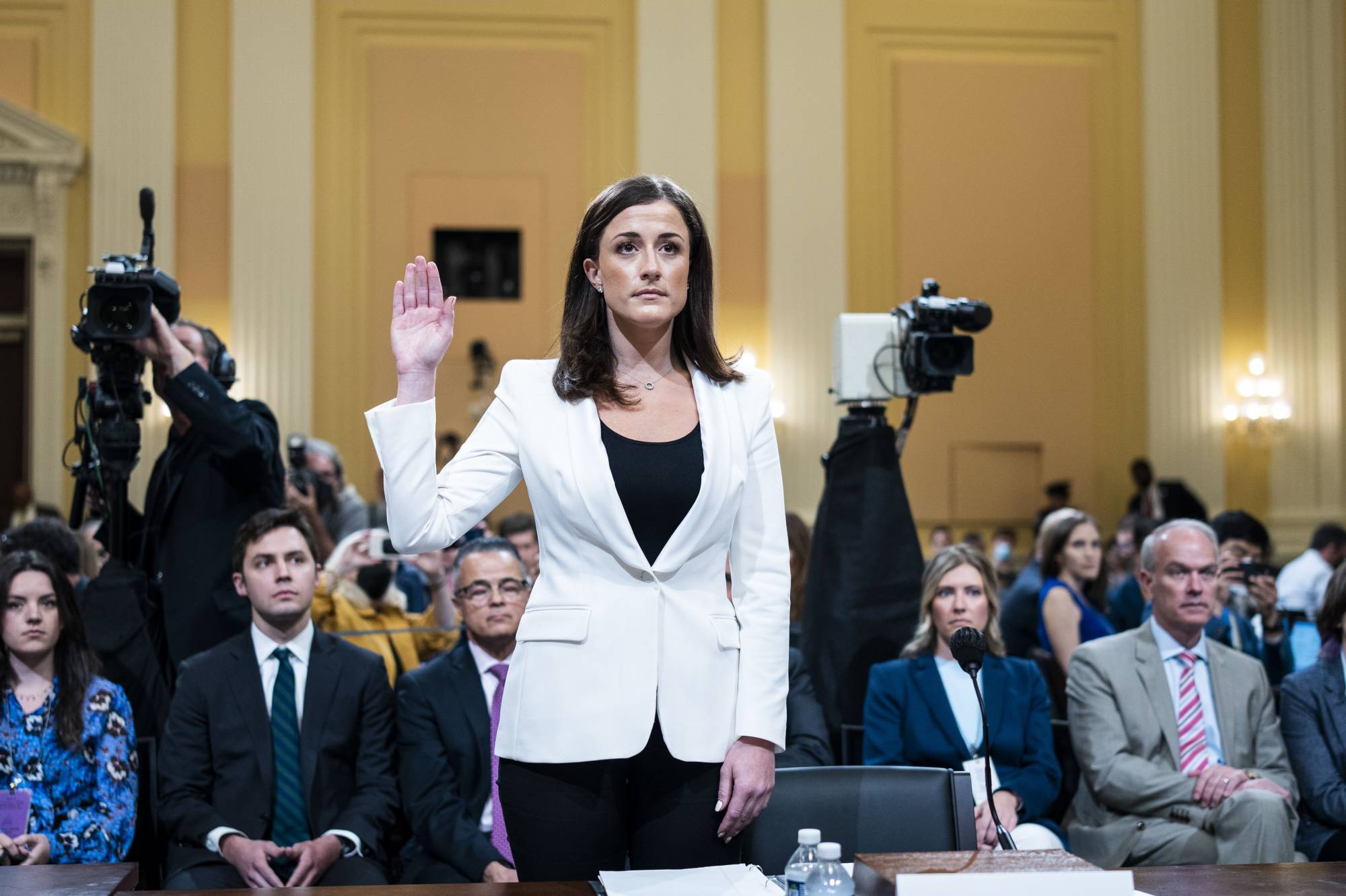 Cassidy Hutchinson, who worked for former U.S. President Trump’s chief of staff, is sworn in to testify before the U.S. House committee investigating the Jan. 6 attack on the Capitol on Capitol Hill in Washington on June 28. | Doug Mills / The New York Times