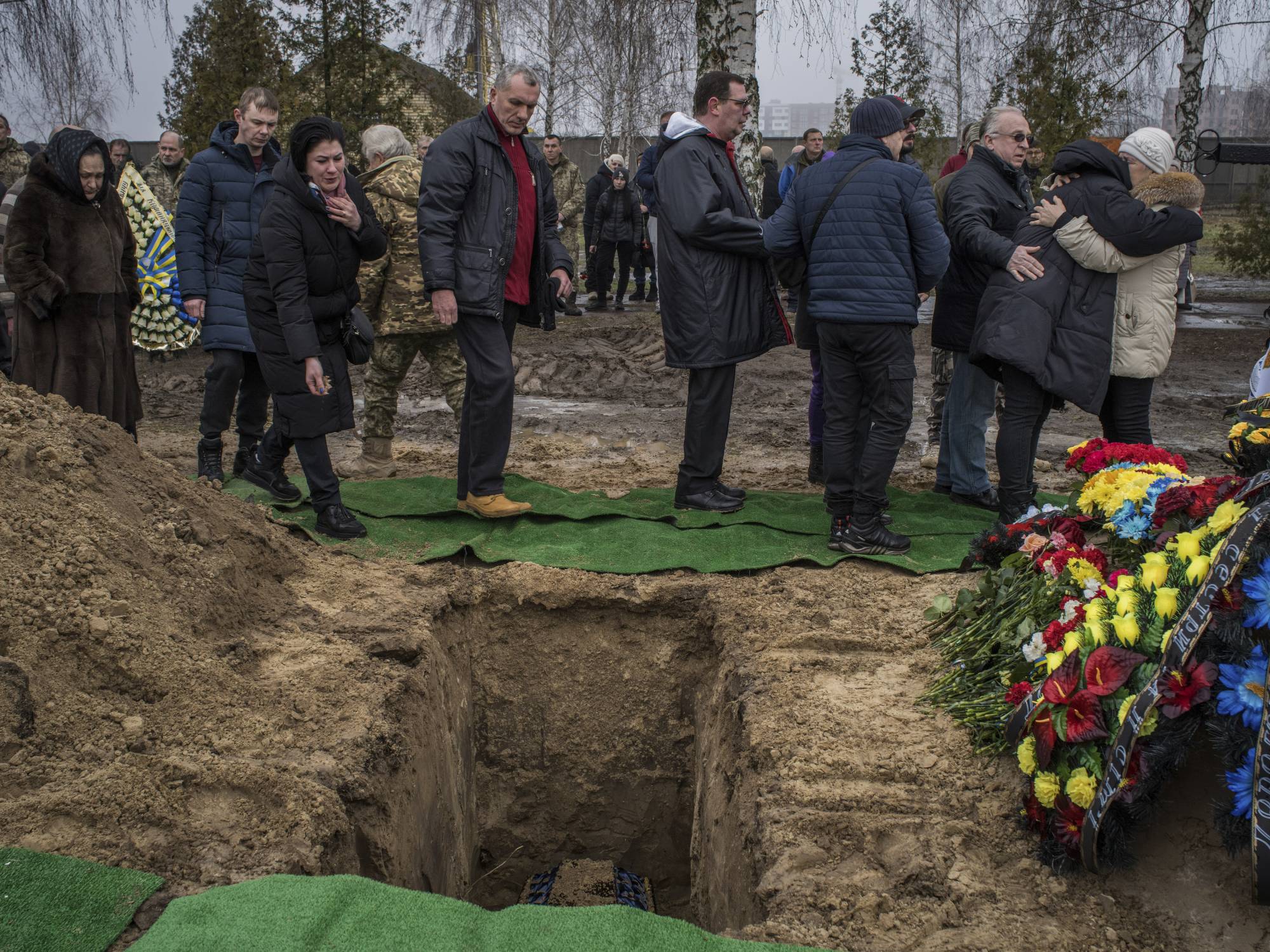 A funeral for Sgt. Oleksiy Bondarev, a Ukrainian soldier who died fighting in the Donetsk region, in Bucha, Ukraine, on Tuesday | Laura Boushnak / The New York Times