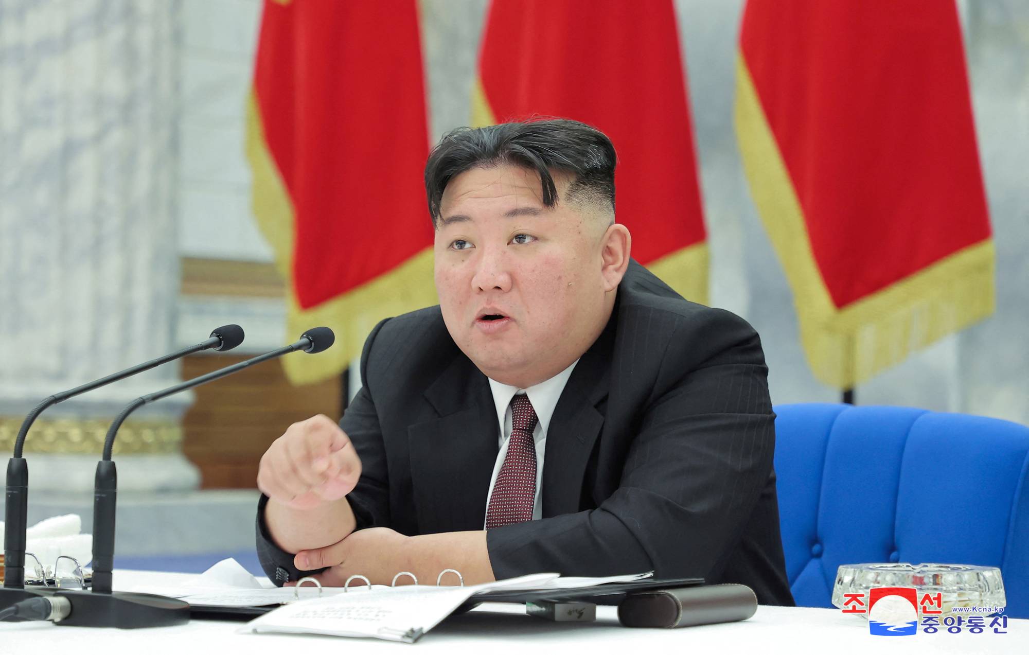North Korean leader leader Kim Jong Un attends a ruling Workers' Party of Korea meeting in Pyongyang in this photo released Saturday.   | KCNA / VIA REUTERS