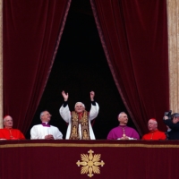 Pope Benedict XVI greets the crowd in St. Peter\'s Square at the Vatican following his election as pope on April 19, 2005.  | JAMES HILL / THE NEW YORK TIMES