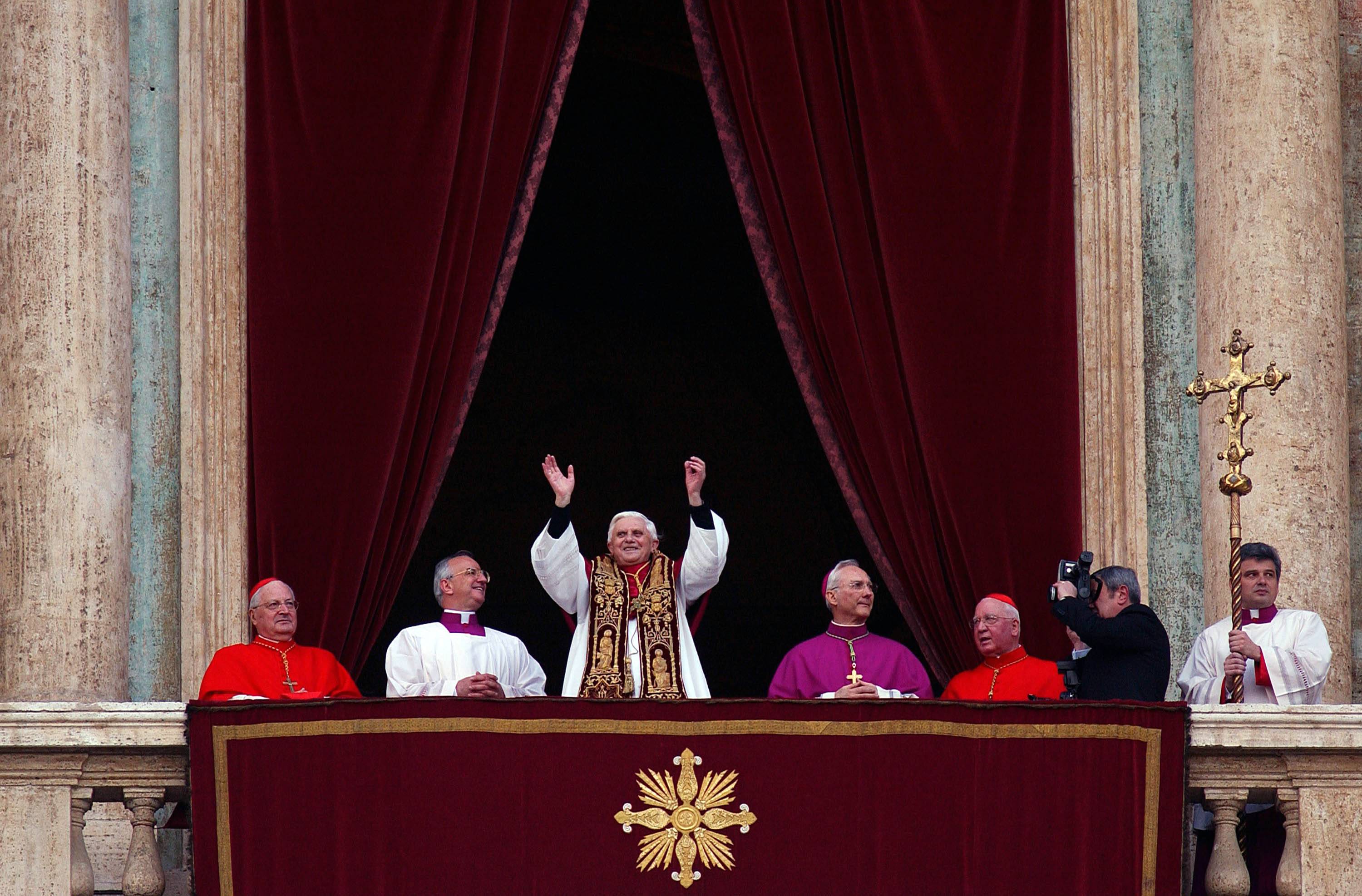 Pope Benedict XVI greets the crowd in St. Peter's Square at the Vatican following his election as pope on April 19, 2005. | James Hill / The New York Times