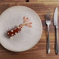 A signature starter at Uozen in Niigata Prefecture: botan-ebi jumbo shrimp encased in a bouillabaisse gelee and served with daubs of saffron-garlic sauce. Uozen was featured in Robbie Swinnerton’s Destination Restaurant series in 2021.