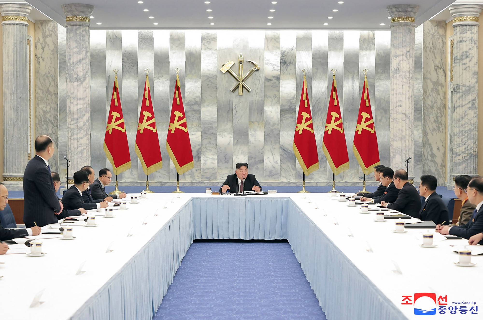 North Korean leader Kim Jong Un attends the 12th Politburo meeting of the eighth term of the Workers Party of Korea at the Party Central Committee in Pyongyang on Friday. | KCNA / KNS / via AFP-Jiji