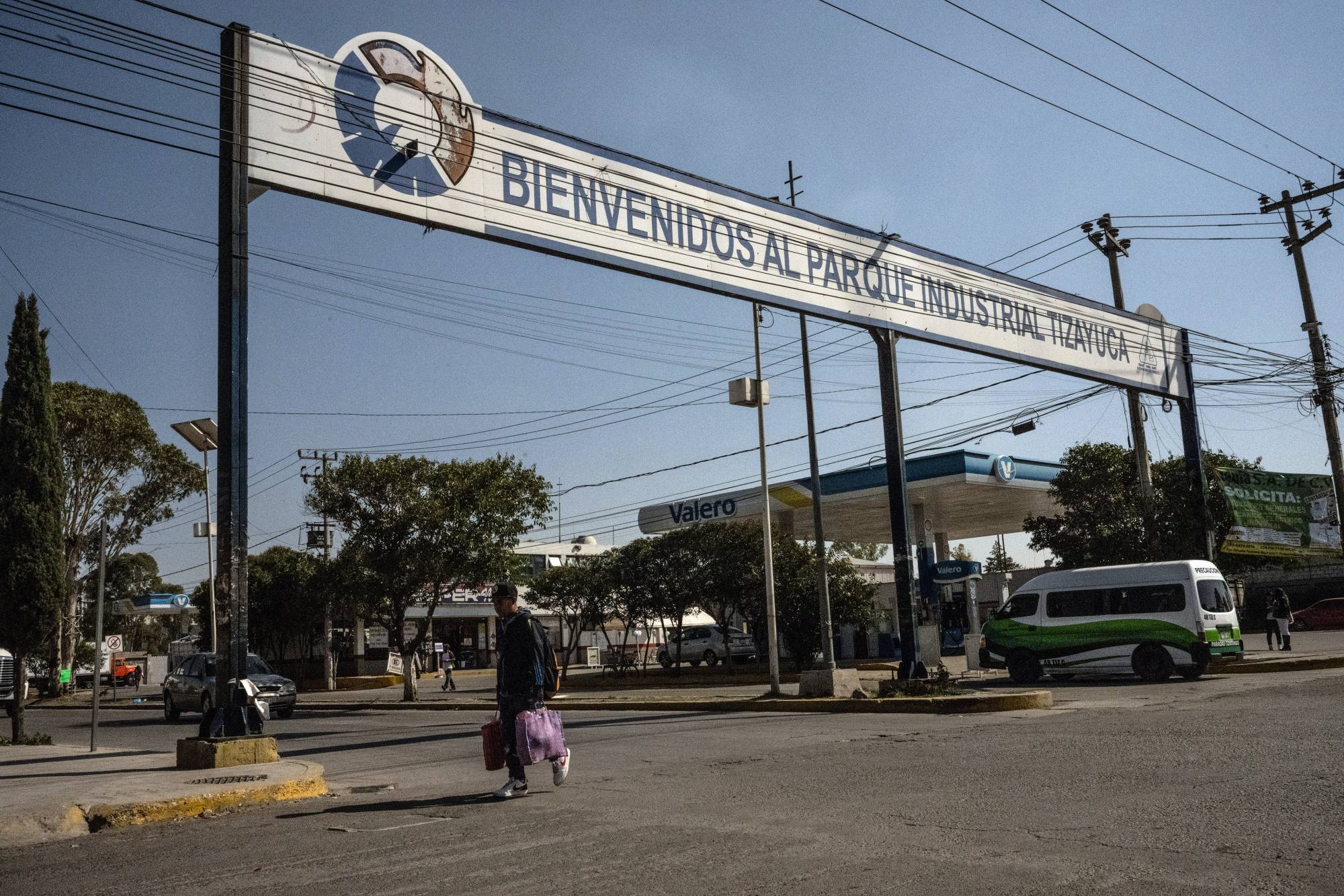 The entrance to the Tizayuca Industrial Park, which is in a small manufacturing town, Tizayuca, about an hour northeast of Mexico City. The companies Botones Loren and Preslow are in Tizayuca. | BRYAN DENTON / THE NEW YORK TIMES