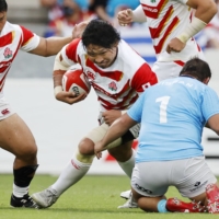 Prop Keita Inagaki (center) believes the country\'s domestic competition, Japan Rugby League One, will be key to building players\' experience ahead of the World Cup. | KYODO
