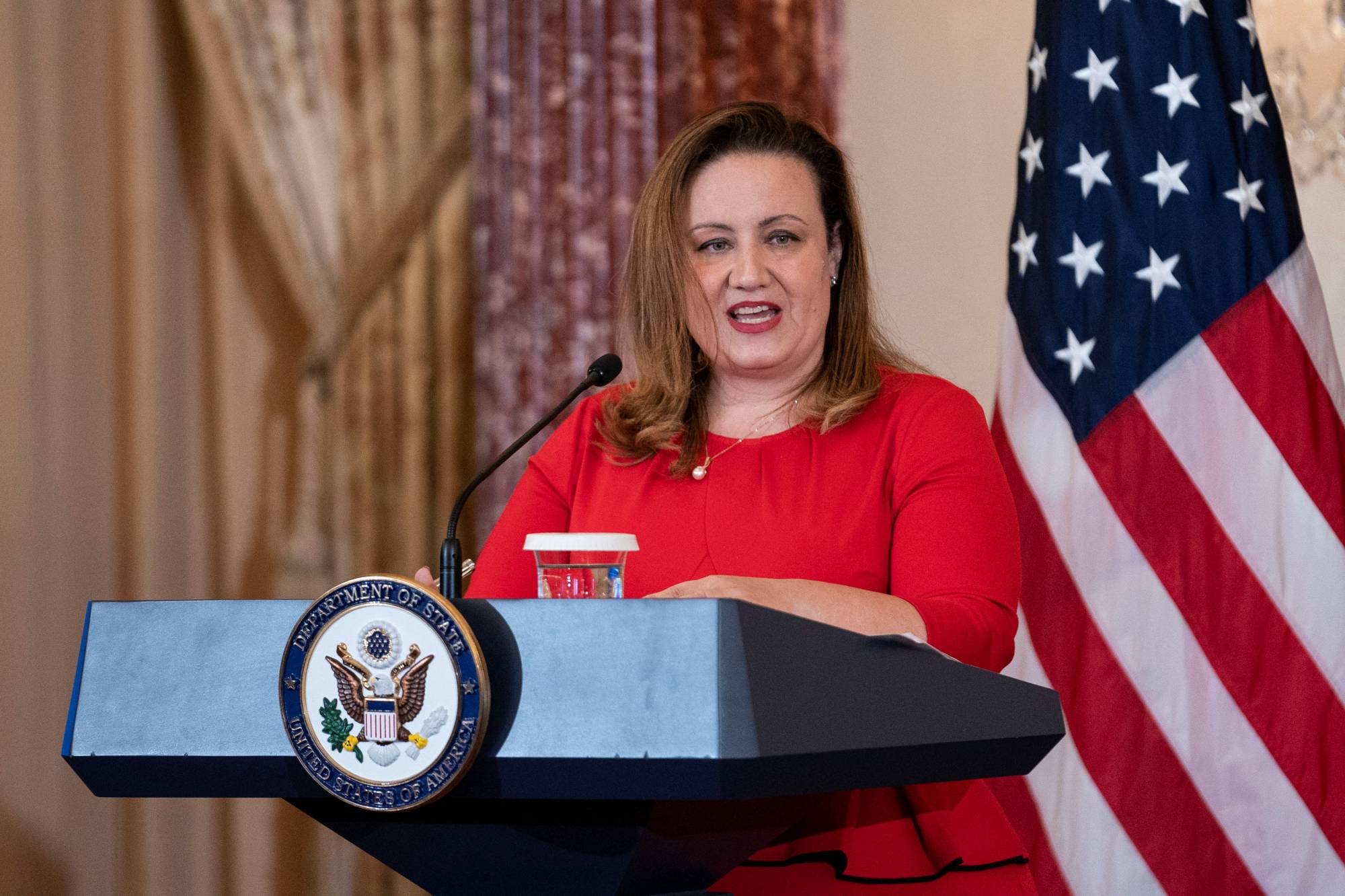 Katrina Fotovat, acting U.S. ambassador-at-large for global women's issues, speaks at the State Department in Washington on Wednesday. | REUTERS