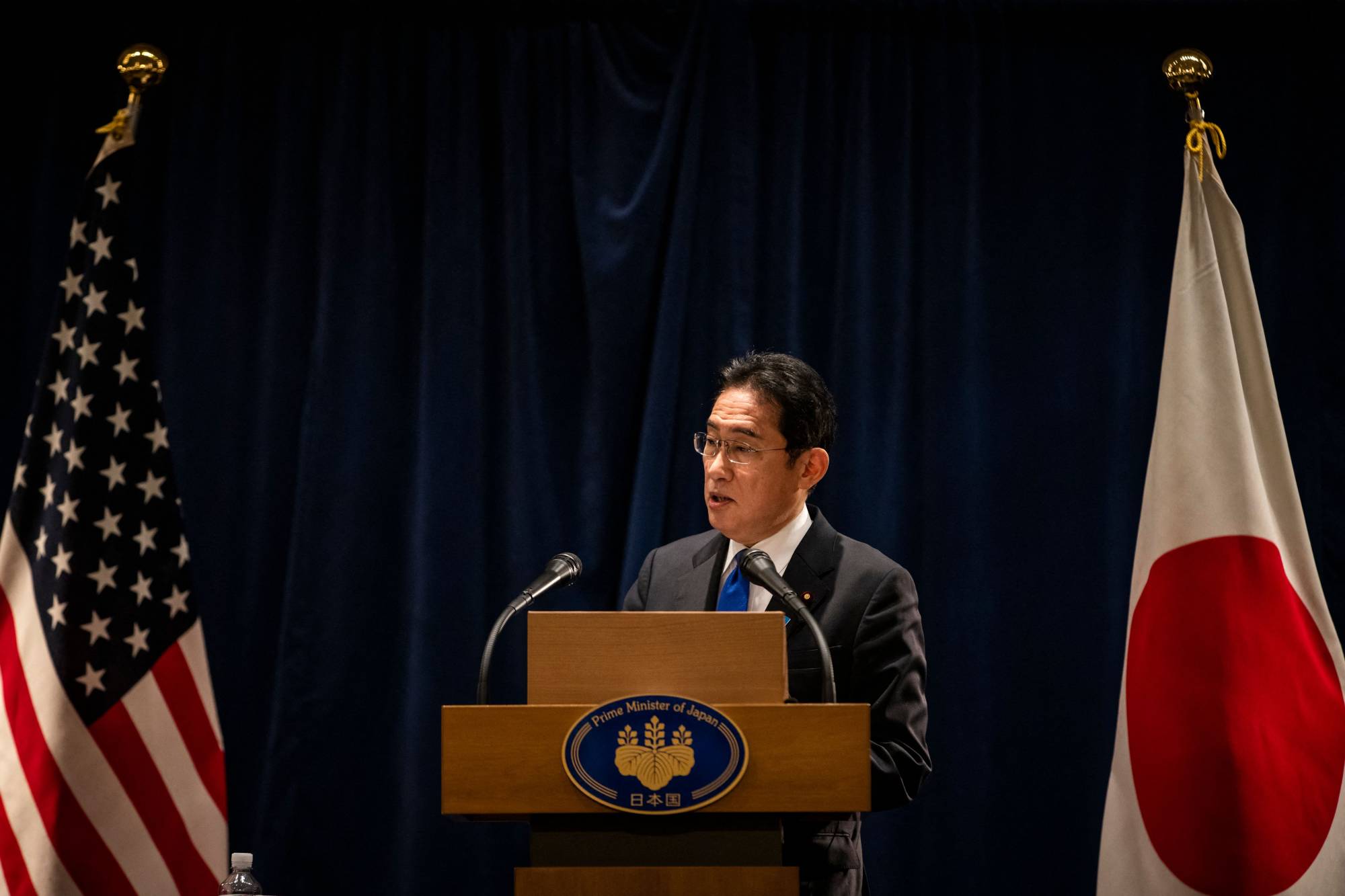 Prime Minister Fumio Kishida speaks during a news conference in Washington on Saturday as he wraps up his trip to Group of Seven countries. | AFP-JIJI