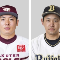 Eagles reliever Yuki Matsui (left) and Giants third baseman Hiroya Miyagi | KYODO