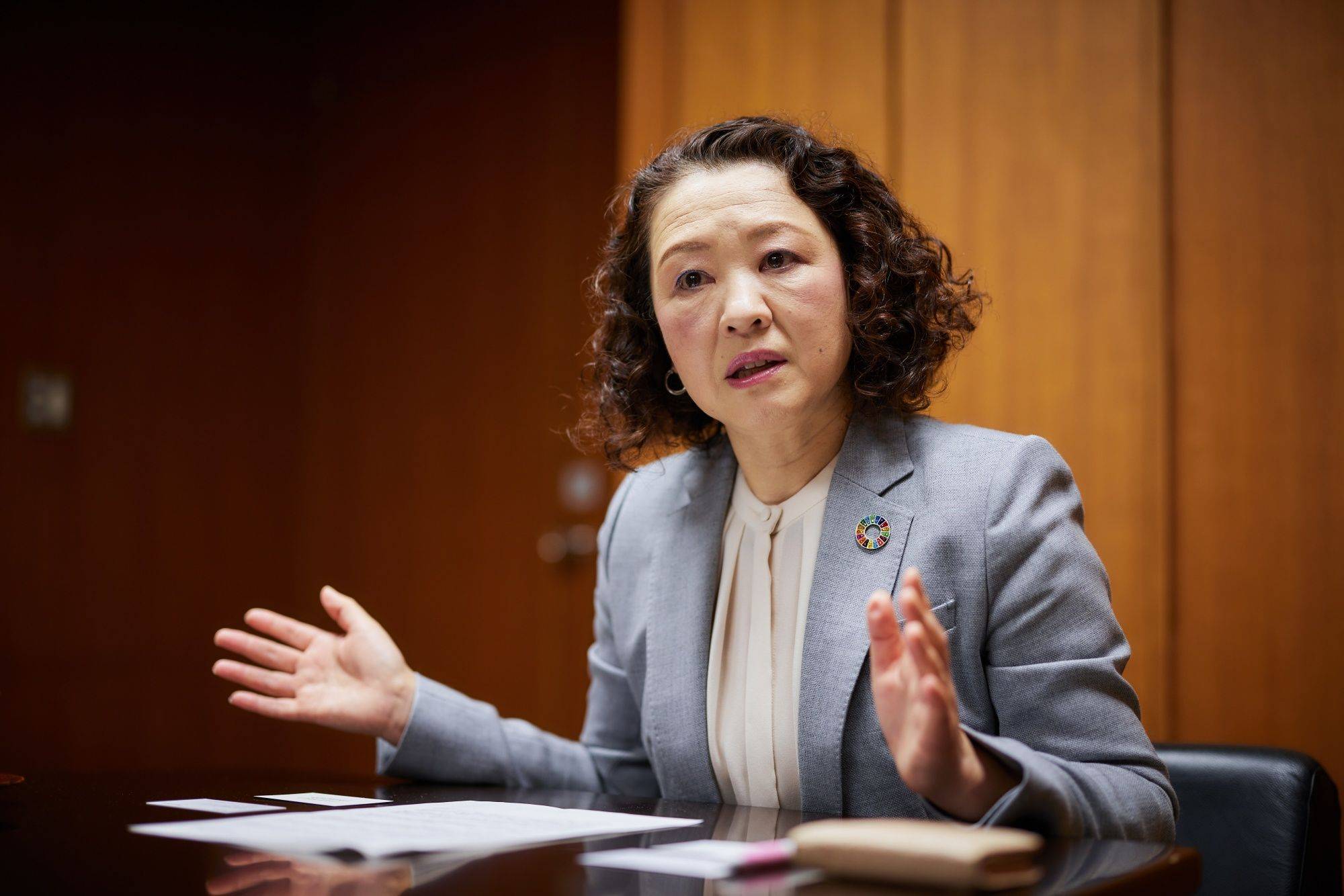 Tomoko Yoshino, president of the Japanese Trade Union Confederation, commonly known as Rengo, speaks in an interview in Tokyo on Monday. | BLOOMBERG
