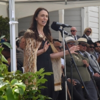 Jacinda Ardern speaks during her last public appearance as New Zealand\'s prime minister in Ratana Pa, New Zealand, on Tuesday. | AAP IMAGE / VIA REUTERS  